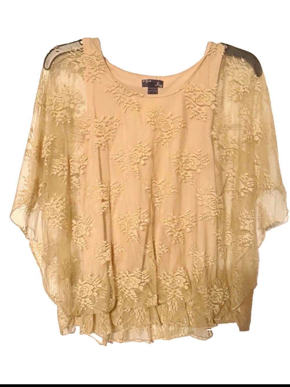 Poetry Clothing Beige Lace Overlay Poncho Blouse Medium Flowy Sheer Capelet Top